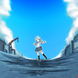 Rule 34 | 1girl, asymmetrical bangs, black socks, blue sky, cloud, cloudy sky, commentary request, cy301, day, expressionless, fisheye, grey footwear, grey sailor collar, grey skirt, half-closed eyes, hands up, kantai collection, kneehighs, long hair, looking down, miniskirt, outdoors, outstretched arms, pleated skirt, reflection, sagiri (kancolle), sailor collar, school uniform, serafuku, shirt, short sleeves, silver hair, skirt, sky, sleeve cuffs, socks, solo, standing, standing on one leg, swept bangs, white shirt
