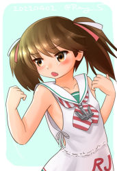 Rule 34 | 1girl, anchor necklace, brown eyes, brown hair, clothes writing, collarbone, commentary request, cosplay, cowboy shot, dress, kantai collection, libeccio (kancolle), libeccio (kancolle) (cosplay), long hair, looking to the side, neckerchief, necklace, ray.s, red neckerchief, ryuujou (kancolle), sailor collar, sailor dress, solo, striped neckerchief, twintails, upper body, white dress, white sailor collar