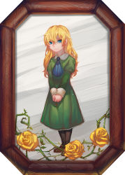 Rule 34 | 1girl, blonde hair, blue eyes, christon-clivef, dress, flower, full body, green dress, highres, ib (kouri), long hair, mary (ib), own hands together, painting (object), pantyhose, picture frame, portrait, rose, smile, solo, standing, thorns