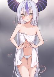 Rule 34 | 1girl, absurdres, airenif, blush, breath, closed mouth, commentary, cowboy shot, demon girl, demon horns, flat chest, grey background, hair between eyes, heart, heart hands, highres, hololive, horns, la+ darknesss, long hair, looking at viewer, multicolored hair, naked towel, navel, panties, purple hair, solo, streaked hair, thigh gap, towel, underwear, very long hair, virtual youtuber, white hair, white panties, yellow eyes