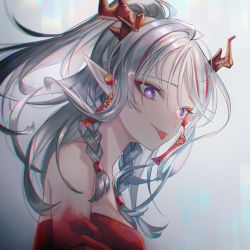 Rule 34 | 1girl, :p, arknights, bandeau, bare shoulders, breasts, commentary, eyeshadow, fuyuumikou, grey background, half updo, highres, horns, long hair, looking at viewer, makeup, medium breasts, nian (arknights), pointy ears, purple eyes, silver hair, solo, strapless, tongue, tongue out, tube top, upper body