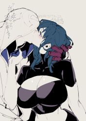 Rule 34 | 1boy, 1girl, alternate breast size, artist name, black pants, black sweater, blue eyes, blue hair, blush, breasts, byleth (female) (fire emblem), byleth (fire emblem), casual, cleavage, cleavage cutout, cloak, clothing cutout, crop top, cropped sweater, deep kiss, faceless, faceless male, fire emblem, fire emblem: three houses, fire emblem heroes, gloves, grabbing clothes, hair between eyes, hetero, highres, holding head, hood, hoodie, huge breasts, kiran (fire emblem), kiran (male) (fire emblem), kiss, linea alba, long hair, medium hair, messy hair, narrow waist, negiwo, nintendo, official alternate costume, pants, red gloves, simple background, sweater, tight clothes, toned, toned female, toned stomach, translation request, twitter username, white cloak, wide hips