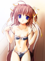 Rule 34 | 00s, 1girl, ahoge, asakura nemu, blue eyes, blush, bra, brown hair, chair, da capo, flat chest, hair ribbon, highres, lace, lace bra, lace panties, lingerie, navel, norizou type-r, open mouth, panties, pink hair, ribbon, short hair, short twintails, side-tie panties, sitting, solo, thigh gap, thighs, twintails, two side up, underwear, underwear only, undressing