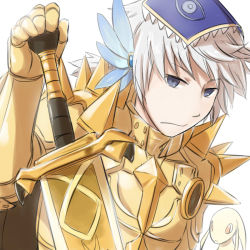 Rule 34 | 1boy, alternate color, armor, black eyes, blue wings, book, book on head, breastplate, closed mouth, commentary request, expressionless, gauntlets, gold armor, grey hair, head wings, holding, holding sword, holding weapon, looking at viewer, male focus, natsuya (kuttuki), object on head, pauldrons, petite (ragnarok online), ragnarok online, rideword (ragnarok online), rune knight (ragnarok online), short hair, shoulder armor, simple background, solo focus, spiked pauldrons, sword, upper body, weapon, white background, wings