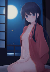 Rule 34 | 1girl, aftersex, alternate hairstyle, azuki-iro, black hair, blue eyes, breasts, closed mouth, full moon, hair between eyes, hair down, highres, houshou (kancolle), japanese clothes, jewelry, kantai collection, kimono, long hair, moon, naked kimono, navel, night, night sky, pink kimono, ring, seiza, sitting, sky, small breasts, smile, solo, very long hair, wedding ring