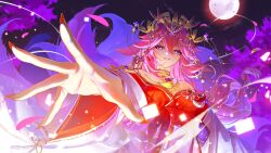 1girl animal_ears bare_shoulders falling_petals fox_ears fox_tail full_moon genshin_impact hair_between_eyes highres hoyofair japanese_clothes long_hair long_sleeves miko moon multiple_tails night night_sky outdoors parted_lips petals pink_hair purple_eyes reaching reaching_towards_viewer sky smile tail tomanattsu wide_sleeves wind yae_miko