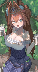 Rule 34 | 1girl, absurdres, ahiru3desuyo, alternate eye color, animal ears, antenna hair, bare shoulders, blue eyes, blue skirt, blush, bow, breasts, cleavage, commentary request, cup, daiwa scarlet (umamusume), dappled sunlight, disposable cup, drinking straw, fang, hair between eyes, hair bow, hair intakes, highres, holding, holding cup, horse ears, horse girl, horse tail, large breasts, long hair, official alternate costume, open mouth, outdoors, plaid, plaid skirt, red hair, shade, shirt, sitting, skin fang, skirt, smile, solo, sunlight, tail, tiara, tree, twintails, umamusume, very long hair, white shirt