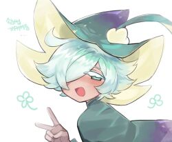 Rule 34 | 1boy, blush, cape, clover cookie, cookie run, friedbirdchips, green cape, green eyes, green hat, hat, looking at viewer, simple background, solo, upper body, v, white background, white hair, wizard hat