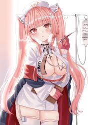 Rule 34 | 1girl, :o, azur lane, blush, breasts, center opening, cowboy shot, cross hair ornament, gloves, hair ornament, half gloves, hand up, hat, holding, holding syringe, id card, intravenous drip, iv stand, jewelry, key, key necklace, lanyard, large breasts, long hair, looking at viewer, necklace, nibosi, nurse, nurse cap, parted lips, perseus (azur lane), perseus (unfamiliar duties) (azur lane), pink eyes, pink gloves, pink hair, solo, syringe, thighhighs, twintails, very long hair, white hat, white thighhighs, zettai ryouiki