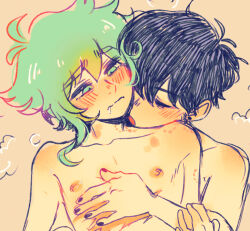 Rule 34 | 2boys, ahoge, basil (omori), behind another, bite mark, bite mark on arm, bite mark on neck, bite mark on shoulder, bite marks, biting, black hair, black nails, blush, closed eyes, closed mouth, collarbone, commentary request, drooling, ear piercing, green eyes, green hair, hair between eyes, hand on another&#039;s chest, hickey, hickey marks, implied sex, looking at another, looking down, male focus, mouth drool, multiple boys, nail polish, nipples, nose blush, nude, omori, open mouth, piercing, scar, scar on chest, short hair, sidelocks, sintastein, sunny (omori), tagme, topless, topless male, trap, wavy mouth, yaoi