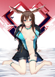 Rule 34 | 1girl, 7t, absurdres, amiya (arknights), animal ears, anklet, arknights, bare legs, barefoot, bed sheet, black jacket, blue eyes, blush, breasts, brown hair, closed mouth, coat, collarbone, commentary, english commentary, eyelashes, full body, hair between eyes, heart, highres, jacket, jewelry, lips, long hair, looking at viewer, medium breasts, multiple rings, naked coat, navel, neck ring, nipples, open clothes, open jacket, patterned background, rabbit ears, red background, ring, sitting, smile, solo, thighlet, white background