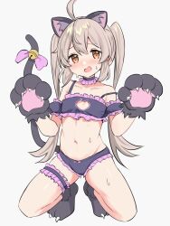 Rule 34 | 1girl, ahoge, animal ears, animal hands, cat ears, cat lingerie, cat paws, cat tail, commentary request, highres, kaito (kaito921125), kneeling, meme attire, navel, onii-chan wa oshimai!, oyama mahiro, solo, tail, twintails