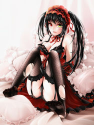 Rule 34 | 10s, 1girl, bare shoulders, black hair, black thighhighs, breasts, cleavage, clock eyes, date a live, dress, feet, frilled pillow, frills, garter straps, hairband, heterochromia, lolita fashion, lolita hairband, long hair, looking at viewer, no shoes, partially visible vulva, pillow, red eyes, sitting, soles, solo, symbol-shaped pupils, thighhighs, toes, tokisaki kurumi, torn clothes, torn thighhighs, twintails, yellow eyes, yunsang