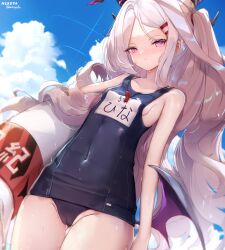 Rule 34 | 1girl, armband, bare arms, bare shoulders, black one-piece swimsuit, blue archive, blue sky, blush, breasts, cameltoe, cleft of venus, cloud, collarbone, commentary request, day, grey hair, groin, hair ornament, hairclip, halo, highres, hina (blue archive), hina (swimsuit) (blue archive), horns, innertube, long hair, looking at viewer, low wings, nekoya (liu), old school swimsuit, one-piece swimsuit, one side up, outdoors, parted bangs, parted lips, purple eyes, purple wings, school swimsuit, sideboob, signature, sky, small breasts, solo, swim ring, swimsuit, twitter username, very long hair, wavy hair, wet, wet clothes, wet swimsuit, whistle, whistle around neck, wings
