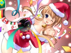 Rule 34 | 1girl, ;d, american flag, bell, neck bell, blue eyes, blush, brazilian flag, breasts, brown hair, canadian flag, christmas, cleavage, collar, confetti, elbow gloves, fang, flag, flags of all nations, game cg, german flag, gloves, hat, italian flag, kawahara mizuha, konneko, large breasts, mikeou, nose blush, one eye closed, open mouth, party popper, ribbon, santa costume, santa gloves, santa hat, smile, solo, wink