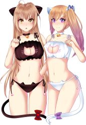 Rule 34 | 10s, 2girls, :o, alternate costume, amagi brilliant park, animal ears, antenna hair, bell, black panties, blonde hair, bow, breasts, cat cutout, cat ear panties, cat ears, cat lingerie, cat tail, choker, cleavage cutout, closed mouth, clothing cutout, company connection, cowboy shot, crossover, eyebrows, frills, frown, gradient hair, highres, jingle bell, kawakami mai, kyoto animation, large breasts, legs apart, legs together, long hair, looking at viewer, magpii, meme attire, mole, mole under eye, multicolored hair, multiple girls, musaigen no phantom world, navel, neck bell, panties, paw pose, paw print, purple bow, purple eyes, red bow, sento isuzu, side-tie panties, side ponytail, stomach, tail, tail bow, tail ornament, transparent background, underwear, underwear only, very long hair, white background, white panties, yellow eyes