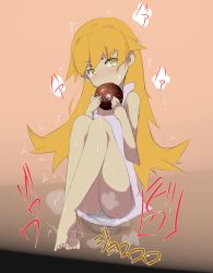 Rule 34 | 1girl, bakemonogatari, bare shoulders, barefoot, blonde hair, blush, breath, doughnut, dress, eating, embarrassed, fang, feet, female focus, flat chest, food, full body, gradient background, hands up, heavy breathing, highres, holding, japanese text, knees up, legs together, long hair, looking at viewer, monogatari (series), motion lines, no panties, nose blush, open mouth, orange background, oshino shinobu, peeing, peeing self, pink dress, puddle, simple background, sitting, sleeveless, sleeveless dress, solo, steam, sweat, t=k, tears, translation request, trembling, wet, wet clothes, yellow eyes