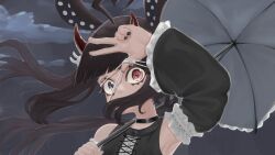 Rule 34 | 1girl, 2024, absurdres, arm sleeve, armband, armpits, black armband, black choker, black hair, black nail polish, blue eyes, child, choker, chuunibyou demo koi ga shitai!, corset, cosplay, eyepatch, eyepatch lift, hair in own mouth, heterochromia, highres, horns, indie virtual youtuber, kamiru runa, lolibaba, lolita fashion, long hair, mouth covering, questbar, rabbit ears, red eyes, solo, spotted fur, takanashi rikka (cosplay), umbrella, v, vampire, virtual youtuber