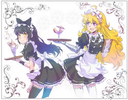 Rule 34 | 2girls, ahoge, apron, black hair, blake belladonna, blonde hair, blush, bow, breasts, clipboard, cocktail glass, cocktail umbrella, cup, dress, drinking glass, food, frills, fruit, hair bow, happy, highres, ice cream, iesupa, leaning forward, long hair, looking at viewer, maid, maid apron, maid headdress, mechanical arms, multiple girls, open mouth, pocket, prosthesis, purple eyes, ribbon, rwby, single mechanical arm, skirt, smile, strawberry, thighhighs, tongue, tray, very long hair, wafer stick, waist apron, wrist cuffs, yang xiao long, yellow eyes