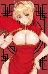 Rule 34 | 1girl, ahoge, alternate costume, blonde hair, breasts, china dress, chinese clothes, cleavage, cleavage cutout, clothing cutout, cocq taichou, dress, fate/extra, fate (series), folding fan, gold trim, green eyes, hair ribbon, hand fan, hand on own hip, highres, holding, holding fan, large breasts, looking at viewer, nero claudius (fate), nero claudius (fate) (all), nero claudius (fate/extra), open mouth, red background, red dress, red ribbon, ribbon, short hair, solo