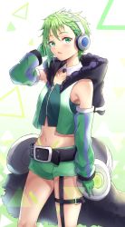 Rule 34 | 1girl, absurdres, belt, belt buckle, black belt, blush, buckle, collarbone, crop top, detached collar, detached sleeves, gloves, green eyes, green gloves, green hair, green shorts, green sleeves, hair between eyes, hand in own hair, headphones, highres, long sleeves, looking at viewer, macross, macross delta, midriff, navel, nono (nono 846), open mouth, reina prowler, short hair, short shorts, shorts, solo, standing, stomach, thigh strap