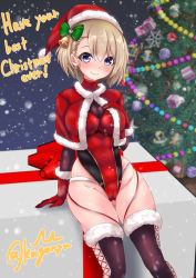 Rule 34 | 1girl, azur lane, bell, black footwear, blue eyes, blush, boots, bow, breasts, capelet, christmas, christmas tree, closed mouth, commentary request, covered navel, english text, fur-trimmed capelet, fur-trimmed footwear, fur trim, gloves, gluteal fold, green bow, hair bell, hair bow, hair ornament, hand on own chest, hat, highleg, highleg leotard, highres, kuga zankurou, leotard, light brown hair, looking at viewer, medium breasts, partial commentary, red capelet, red gloves, red hat, red leotard, santa gloves, santa hat, short hair, sitting, smile, snowing, solo, thigh boots, thigh gap, thighhighs, twitter username, z23 (azur lane)