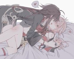 Rule 34 | 2girls, antlers, black jacket, black nails, black shorts, blush, brown hair, closed eyes, commentary, detached sleeves, french kiss, genshin impact, girl on top, green eyes, grey background, hashtag-only commentary, heart, highres, holding hands, horns, hu tao (genshin impact), jacket, jewelry, kiss, kneehighs, kneeling, long hair, long sleeves, lying, multiple girls, multiple rings, nutthanunkhomk1, on back, on bed, pink hair, ring, shorts, simple background, socks, spoken blush, spoken heart, tongue, tongue out, twintails, white socks, yanfei (genshin impact), yuri