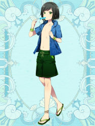 Rule 34 | 1boy, anklet, black hair, blue background, blue shirt, drawstring, eating, food, full body, green eyes, green footwear, green male swimwear, green swim trunks, jewelry, kerberos blade, l (matador), looking at viewer, male focus, male swimwear, navel, open clothes, open shirt, popsicle, sandals, shirt, simple background, solo, standing, swim trunks, swimsuit, wristband