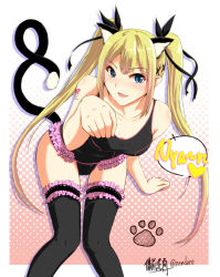 Rule 34 | 1girl, alternate color, animal ears, bent over, bizen dorobune, black thighhighs, blonde hair, blue eyes, blush, breasts, cat ears, cat girl, cat tail, dead or alive, dead or alive 5, female focus, frilled thighhighs, frills, hair ribbon, heart, kemonomimi mode, leotard, long hair, marie rose, nyan, paw pose, ribbon, smile, solo, speech bubble, spoken heart, tail, tattoo, tecmo, thighhighs, twintails