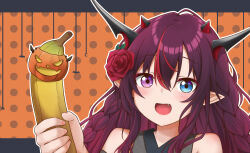 Rule 34 | 1girl, absurdres, banana, blue eyes, fang, flower, food, fruit, hair flower, hair ornament, heterochromia, highres, holding, holding food, hololive, hololive english, irys (hololive), jan azure, long hair, pointy ears, purple eyes, purple hair, red flower, red hair, red rose, rose, solo, upper body, virtual youtuber