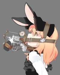 Rule 34 | 1girl, animal ears, arms behind back, bdsm, blonde hair, blush, bondage, bound, buckle, child, cocked hammer, commentary, frills, from side, gag, gagged, gothic lolita, gun, gun in mouth, handgun, imminent harm, lolita fashion, machinery, original, peril, pistol, predicament bondage, profile, rabbit ears, revolver, short hair, solo, tareme, tongue, tongue out, torque, weapon, yellow eyes