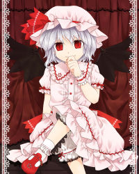 Rule 34 | 1girl, bat wings, curtains, fang, female focus, hat, hat ribbon, crossed legs, mary janes, puffy sleeves, red eyes, remilia scarlet, ribbon, shoes, short hair, short sleeves, silver hair, sitting, slit pupils, smile, solo, touhou, wings, wrist cuffs, yamamaru