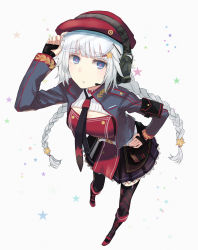 Rule 34 | 1girl, adjusting goggles, arm pouch, asakiri koko, black thighhighs, blue eyes, boots, breasts, cross-laced footwear, expressionless, fingerless gloves, flower-shaped pupils, frilled skirt, frills, girls&#039; frontline, gloves, goggles, goggles on head, hair ornament, hand on own hip, hat, headphones, headset, highres, knee boots, lace-up boots, long hair, looking at viewer, medium breasts, necktie, ots-12 (girls&#039; frontline), skirt, solo, star (symbol), star hair ornament, starry background, symbol-shaped pupils, thighhighs, thighs, twintails, white background