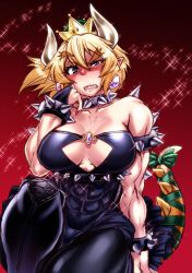 Rule 34 | 1girl, abs, armlet, bare shoulders, biceps, borrowed design, bowsette, bracelet, breasts, chiba toshirou, choker, cleavage, cleavage cutout, clothing cutout, collarbone, covered mouth, crown, horns, jewelry, large breasts, looking at viewer, mario (series), mini crown, muscular, muscular female, new super mario bros. u deluxe, nintendo, sharp teeth, sparkle, spiked armlet, spiked bracelet, spiked choker, spiked tail, spikes, super crown, tail, teeth, thick eyebrows