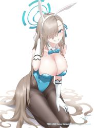 Rule 34 | 1girl, animal ears, asuna (blue archive), asuna (bunny) (blue archive), awono nanaumi, black pantyhose, blonde hair, blue archive, blue eyes, blush, breasts, cleavage, fake animal ears, gloves, grin, hair over one eye, halo, highres, large breasts, leotard, long hair, looking at viewer, pantyhose, playboy bunny, rabbit ears, seiza, sitting, smile, solo, thighband pantyhose, very long hair, white gloves