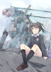 Rule 34 | 1girl, black hair, brown eyes, chain-link fence, fence, fu-ta, loafers, mecha, original, ponytail, robot, shoes, sitting, socks, solo, sweater