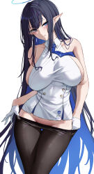 Rule 34 | 1girl, absurdres, black hair, blue archive, blue eyes, blue hair, blue halo, blue necktie, blush, breasts, clothes pull, collarbone, earrings, gloves, grin, halo, highres, jewelry, large breasts, long hair, looking at viewer, multicolored hair, necktie, no eyewear, pantyhose, pantyhose pull, pointy ears, rin (blue archive), shirt, sideboob, simple background, sleeveless, sleeveless shirt, smile, solo, two-tone hair, very long hair, white background, white gloves, white shirt, yukiaka