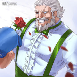Rule 34 | 1boy, beard, blue eyes, blue gloves, bow, bowtie, boxing gloves, cosplay, crossover, dress shirt, dudley, dudley (cosplay), facial hair, flower, gloves, grey hair, grin, male focus, meziosaur, mustache, one-eyed, overwatch, overwatch 1, reinhardt (overwatch), rose, scar, scar across eye, scar on face, shirt, smile, solo, street fighter, suspenders