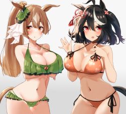 2girls animal_ears arm_under_breasts bikini blue_background blush breasts brown_eyes brown_hair gradient_background green_bikini grey_background hair_between_eyes hair_ribbon highres horse_ears kitasan_black_(umamusume) komb large_breasts long_hair looking_at_viewer multiple_girls orange_bikini parted_lips ponytail ribbon satono_diamond_(umamusume) swimsuit umamusume