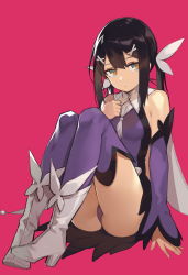 Rule 34 | 1girl, ass, bare shoulders, black hair, boots, breasts, commentary request, detached sleeves, fangdan runiu, fate/kaleid liner prisma illya, fate (series), full body, hair between eyes, hair ornament, hairclip, high heel boots, high heels, leotard, long hair, looking at viewer, magical girl, miyu edelfelt, pink background, purple leotard, purple sleeves, purple thighhighs, red background, simple background, sitting, small breasts, solo, thighhighs, twintails, white background, white footwear, x hair ornament