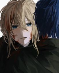 Rule 34 | 1boy, 1girl, blonde hair, blood, blood in hair, blood on clothes, blood on face, blue eyes, blue hair, copyright request, crying, crying with eyes open, eyelashes, hair between eyes, highres, hug, inuo (inuo x), long hair, long toes, parted lips, solo focus, tears, upper body, violet evergarden, violet evergarden (series)