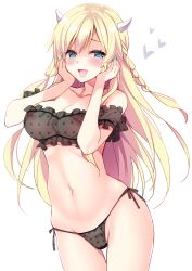 Rule 34 | 1girl, azur lane, bad id, bad pixiv id, black bra, black panties, blonde hair, blue eyes, blue nails, blush, bra, braid, breasts, covered erect nipples, cowboy shot, groin, heart, highres, horns, ikura nagisa, kongou (azur lane), large breasts, lingerie, long hair, looking at viewer, nail polish, navel, nipples, panties, see-through, side-tie panties, sidelocks, simple background, skindentation, smile, solo, stomach, underwear, white background