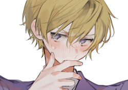 Rule 34 | 1boy, absurdres, bishounen, black necktie, blonde hair, blue eyes, blush, close-up, closed mouth, commentary, finger to mouth, hair between eyes, highres, jacket, looking to the side, male focus, necktie, ouran high school host club, ouran high school uniform, pov, purple jacket, school uniform, short hair, simple background, solo, suou tamaki, sweat, u-sama (u summer0719), white background