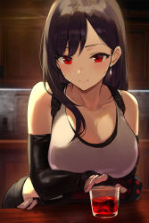 Rule 34 | 1girl, alcohol, bare shoulders, black gloves, black hair, blurry, breasts, cleavage, collarbone, crop top, cup, depth of field, drinking glass, earrings, elbow gloves, final fantasy, final fantasy vii, final fantasy vii remake, fingerless gloves, gloves, highres, jewelry, large breasts, long hair, looking at viewer, red eyes, seon (seonon ), shirt, sleeveless, sleeveless shirt, smile, solo, tifa lockhart, upper body, vambraces, white shirt