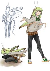 Rule 34 | 1girl, arthropod girl, black leggings, bow, bowtie, bug, character sheet, collared shirt, evolvingmonkey, from behind, full body, grasshopper, grasshopper inoue, green hair, grey eyes, hand on own hip, highres, insect, insect wings, leggings, monster girl, multiple views, open mouth, original, school uniform, shirt, shoes, sketch, sneakers, squatting, standing, sweater, teeth, upper teeth only, white shirt, wings