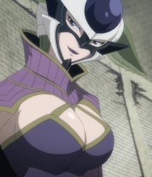 Rule 34 | 1girl, blue eyes, breasts, cleavage, demon, demon girl, fairy tail, female focus, green hair, highres, kyouka (fairy tail), large breasts, lipstick, long hair, makeup, mask, purple lips, screencap, solo, stitched, tagme, third-party edit