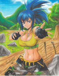 Rule 34 | 2020, absurdres, artist name, bare shoulders, belt, blue eyes, blue hair, breasts, crop top, day, earrings, fingerless gloves, forest, gloves, highres, jewelry, large breasts, leona heidern, midriff, military pants, mountainous horizon, nature, navel, neck, necklace, outdoors, ponytail, ravernclouk design, rock, sidelocks, sky, snk, the king of fighters, traditional media, tree, triangle earrings, trunk, wristband