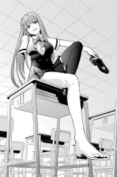 Rule 34 | 1girl, barefoot, breasts, ceiling, chair, character request, classroom, desk, feet, from below, head tilt, holding, holding shoes, indoors, knee up, loafers, long hair, looking at viewer, medium breasts, miniskirt, monochrome, neck ribbon, on desk, parted lips, pleated skirt, pov, ribbon, school chair, school desk, school uniform, shirt, shoes, unworn shoes, short sleeves, single shoe, single sock, single thighhigh, sitting, skirt, smile, socks, unworn socks, someya yuu, thighhighs, tile ceiling, tiles, toes, tsumi to kai, vest