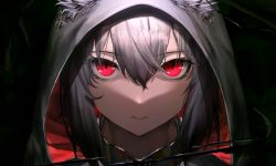 Rule 34 | 1girl, animal ears, black background, close-up, closed mouth, commentary request, dl (dl 6ix), ears through headwear, expressionless, grey hair, hair between eyes, hood, hood up, looking at viewer, medium hair, original, portrait, red eyes, sidelocks, solo, torn clothes