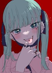 Rule 34 | 1girl, :d, bandaid, bandaid on neck, bite mark, blue eyes, blue hair, blue ribbon, blunt bangs, blush, ear piercing, earrings, fangs, hair ribbon, hand up, hatsune miku, head tilt, heart, heart earrings, heart o-ring, highres, jewelry, kawai rou, looking at viewer, mask, mask pull, mouth mask, multiple rings, open mouth, piercing, portrait, red background, ribbon, ring, simple background, smile, solo, sparkle, stud earrings, tongue, tongue out, tongue piercing, twintails, vampire (vocaloid), vocaloid